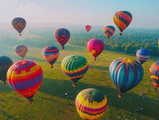 Fototapeta premium Colorful hot air balloons soar over a lush green landscape, creating a vibrant scene under a clear sky.