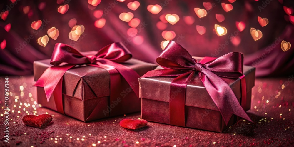 Poster two elegant burgundy gift boxes adorned with satin ribbons and bows, resting on a sparkling red surf