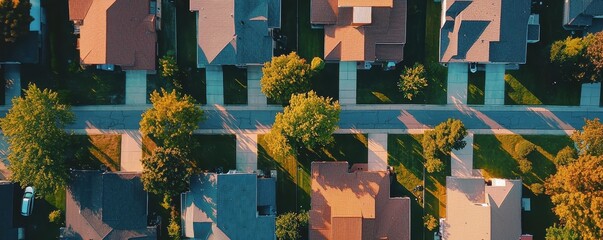 Aerial view of a suburban neighborhood showcasing houses, streets, and trees, highlighting the organized layout and greenery.