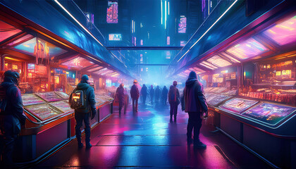 Fototapeta premium A vibrant underground market with neon lights and cyberpunk aesthetics, filled with diverse people wearing futuristic attire, browsing stalls of tech gadgets and exotic goods.
