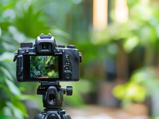 A camera on a tripod captures lush greenery, demonstrating photography in a vibrant outdoor setting.