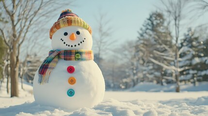 Obraz premium A snowman decorated with colorful buttons and a plaid scarf placed in a snowy forest under a clear sky