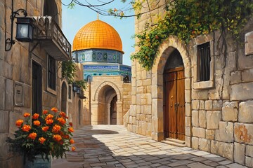 Fototapeta premium painting . Jerusalem, Israel Dome of the Rock. The Islamic sanctuary is on the temple hill. One of the oldest and holiest places in the Islamic world.