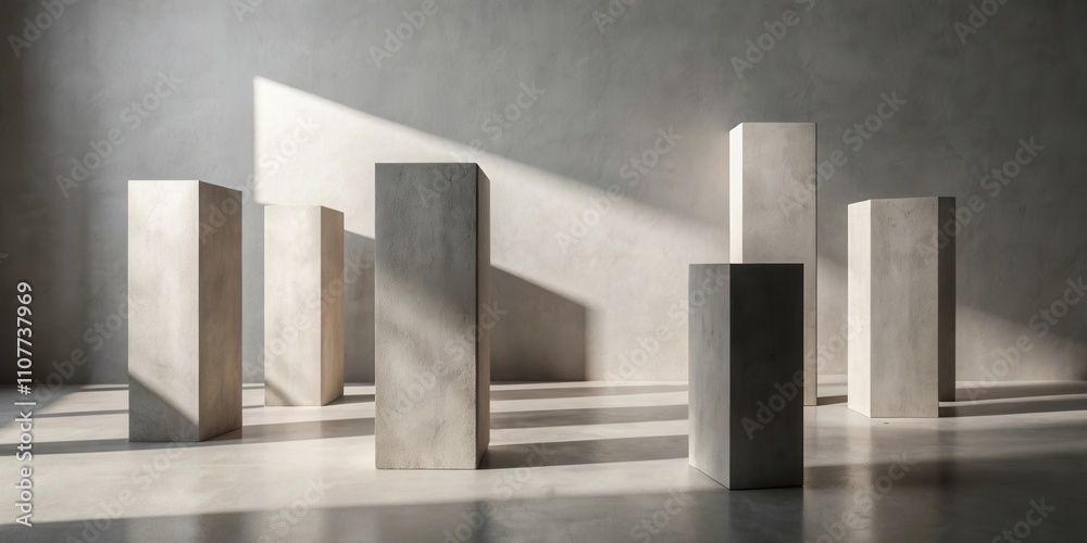 Poster a minimalist composition of geometric shapes cast in sunlight and shadows on a smooth concrete floor