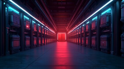 Fototapeta premium A futuristic corridor lined with glowing servers, illuminated by vibrant blue and red lights, leading to a bright, mysterious exit.