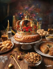 A festive table set for the Three Kings Day celebration, featuring traditional foods, drinks, and a cake shaped like a crown.