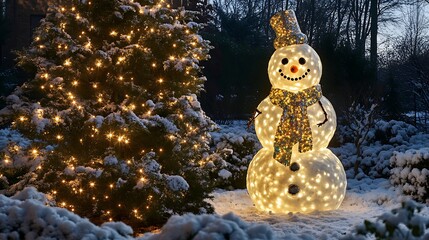 Obraz premium A joyful snowman with glowing fairy lights draped over its body placed near a frosted pine tree in a winter garden