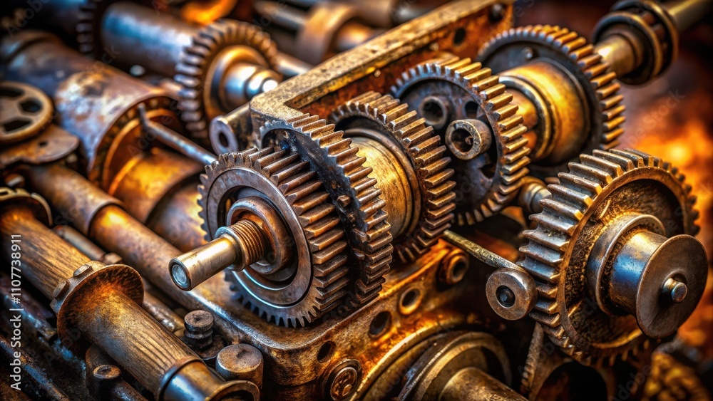 Poster close-up of a vintage rusty gear system, showcasing intricate craftsmanship and the passage of time.