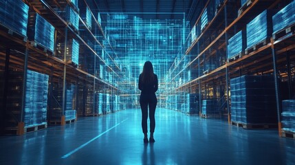 A professional woman stands in a modern warehouse, observing data visualizations in blue light. The background features organized shelves and digital projections, emphasizing her role in technology.
