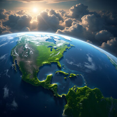 Fototapeta premium A view of planet Earth from space, showing lush green continents and vast blue oceans, bright clouds swirling in the atmosphere, illuminated by the warm glow of the sun