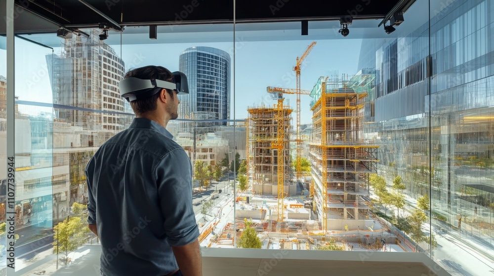 Aufkleber A person is using virtual reality technology to visualize construction projects in a city. Skyscrapers and cranes are visible in the background as they engage with innovative real estate solutions.