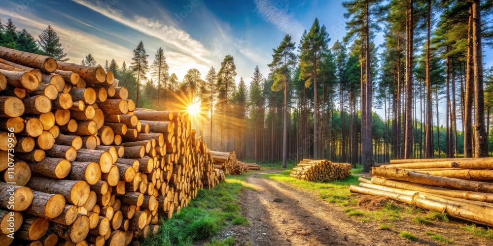 Poster a golden sunset illuminates a path through a lush forest, where stacks of freshly cut logs lie ready