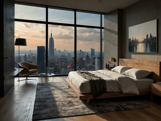 Obraz premium Modern bedroom with a city view.