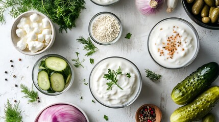 Flat Lay of Probiotic Rich Foods on Clean Kitchen Counter