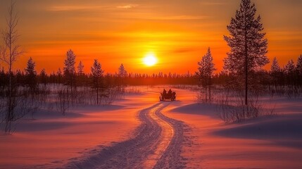 Naklejka premium Winter sunset adventure snowy landscape travel experience nature's beauty scenic viewpoint for peaceful moments