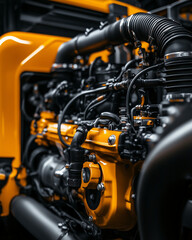 Fototapeta premium Close-up of industrial engine with yellow accents