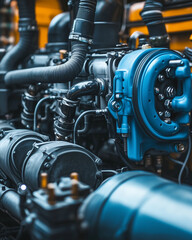 Obraz premium Close-up of industrial machinery with blue and black components