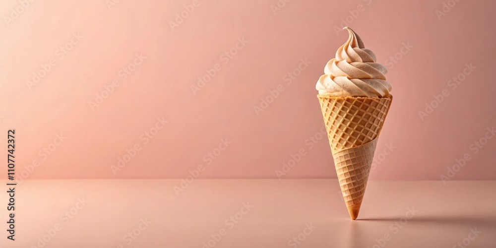 Poster A Single Scoop of Soft Serve Ice Cream in a Waffle Cone on a Light Pink Background