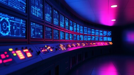 A futuristic control room with multiple screens displaying data, illuminated in blue and purple lights, showcasing advanced technology and digital interfaces.