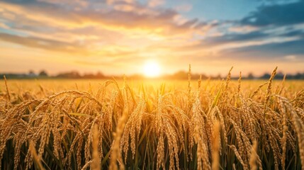 Obraz premium ears of rice grain sunlight concept. Golden wheat field at sunset