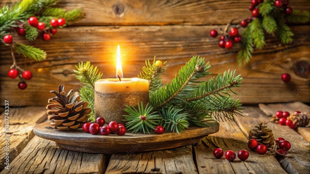 Poster a single burning candle nestled amongst pine branches and red berries on a rustic wooden table, crea