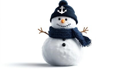 Obraz premium A cheerful snowman wearing a navy blue hat with an anchor design and a matching scarf, set against a clean white background. Perfect for winter themes and festive decorations.
