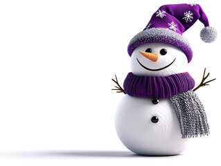 Obraz premium A cheerful snowman with a purple hat and scarf, smiling warmly, standing on a white isolated background ready to bring in the holiday spirit.
