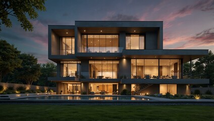 Obraz premium Modern estate with sleek design and expansive windows.