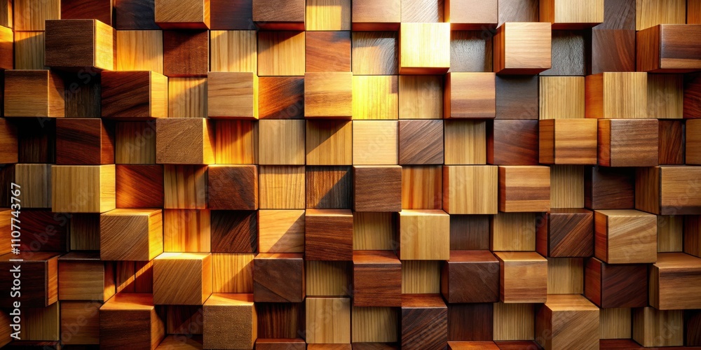 Aufkleber A textured wall of wooden blocks, with variations in color and grain patterns, illuminated by warm light from above.