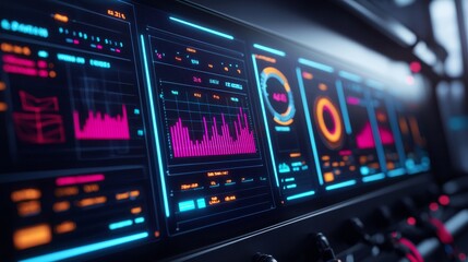 Obraz premium A futuristic interface displaying vibrant graphs and data metrics, showcasing advanced technology with striking neon colors.