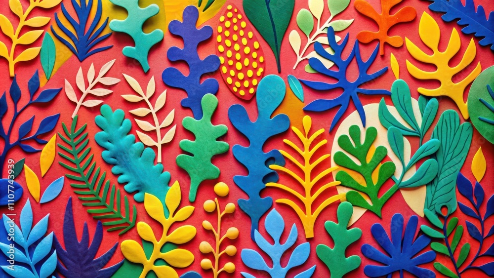 Poster a vibrant arrangement of colorful paper cutouts representing various leaf and floral shapes, creatin