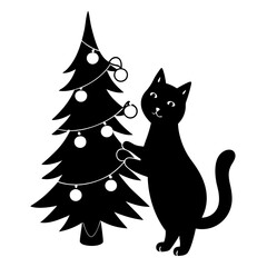 Cat playing with Christmas lights under the tree