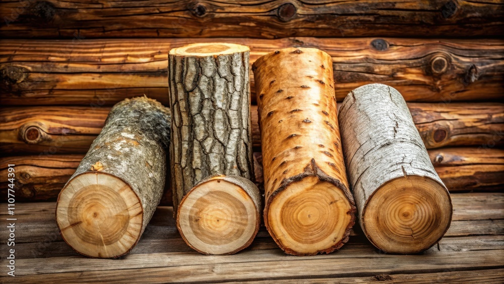 Poster a close-up of four cut logs with exposed rings, stacked against a rustic wooden wall. the logs displ