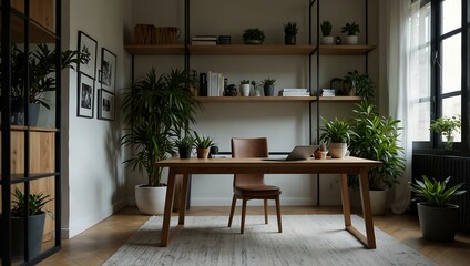 Fototapeta premium Modern home office with an open laptop and green plants.
