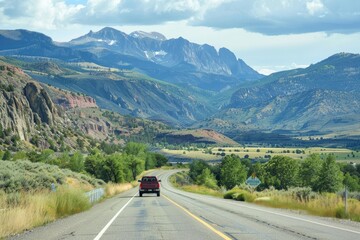 Fototapeta premium Scenic highway with mountains and lush valleys under a blue sky.