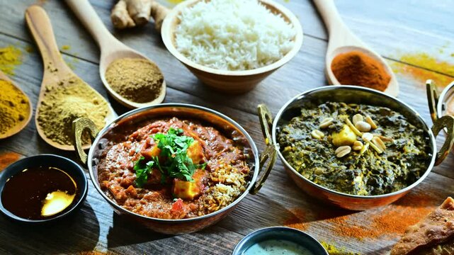 Composition with indian dishes: madras paneer, palak paneer and shahi paneer with basmati rice served in original indian karahi pots