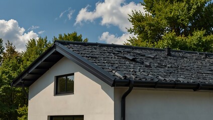 Modern house roof with black metal gutters.