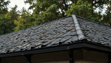 Modern house roof with black metal gutters.