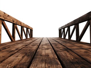 Fototapeta premium A wooden dock extending into the distance, showcasing a serene perspective against a white isolated background. Perfect for themes of tranquility and nature.