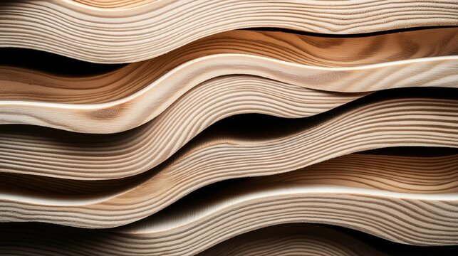 Close-up view of layered wavy wooden panels with parallel grain patterns, creating an abstract and textured visual effect