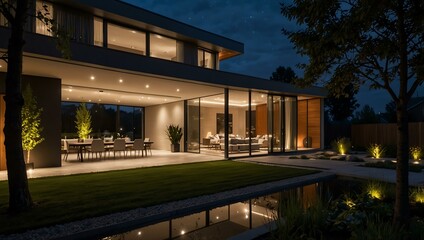 Obraz premium Modern house with garden lit up at night.