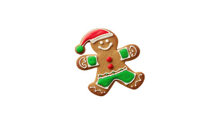 A gingerbread man with a red hat and green shorts