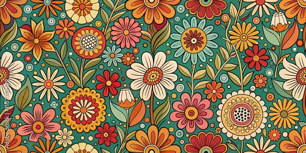 Poster a vibrant retro floral pattern with psychedelic colors and shapes, perfect for textiles, wallpaper, 