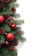 Festive Christmas Pine Garland Border with Pinecones, Red Berries, and Golden Accents on White Background - Perfect for Holiday Designs and Seasonal Celebrations