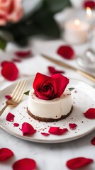 Naklejka premium Valentine's Day desert with rose petals scattered across the table.