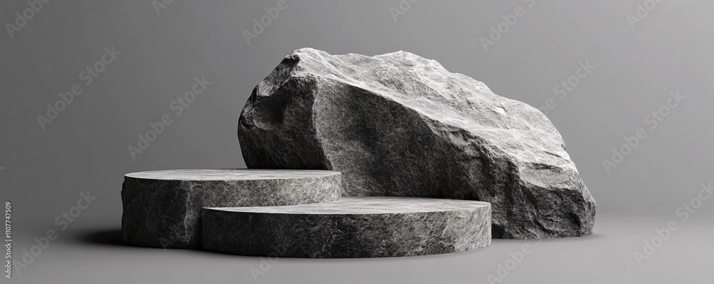 Leinwandbilder empty stone podium displaying products with large rock beside on gray background