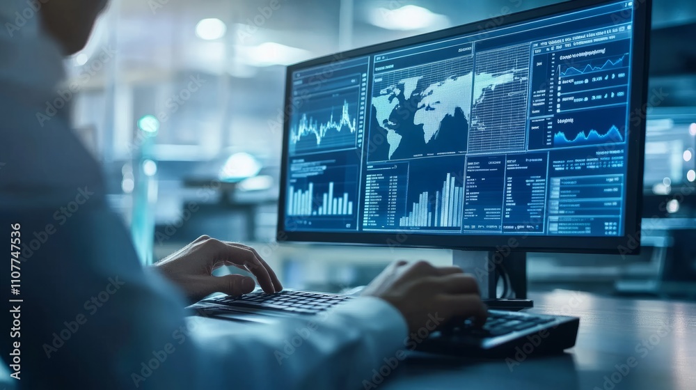 Poster technology background featuring an analyst using a computer with a digital dashboard for data busine