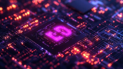 Obraz premium A glowing pink 'LD' logo on a circuit board with a futuristic, high-tech aesthetic.