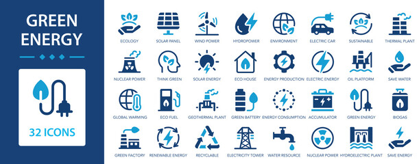 Green energy flat icons collection. Ecological methods of energy production and ecosystem preservation set. © Jan