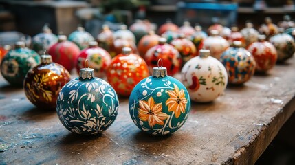 Close-up of various colorful hand-painted decorative Christmas ornaments on a wooden table, showcasing intricate designs and vibrant colors.